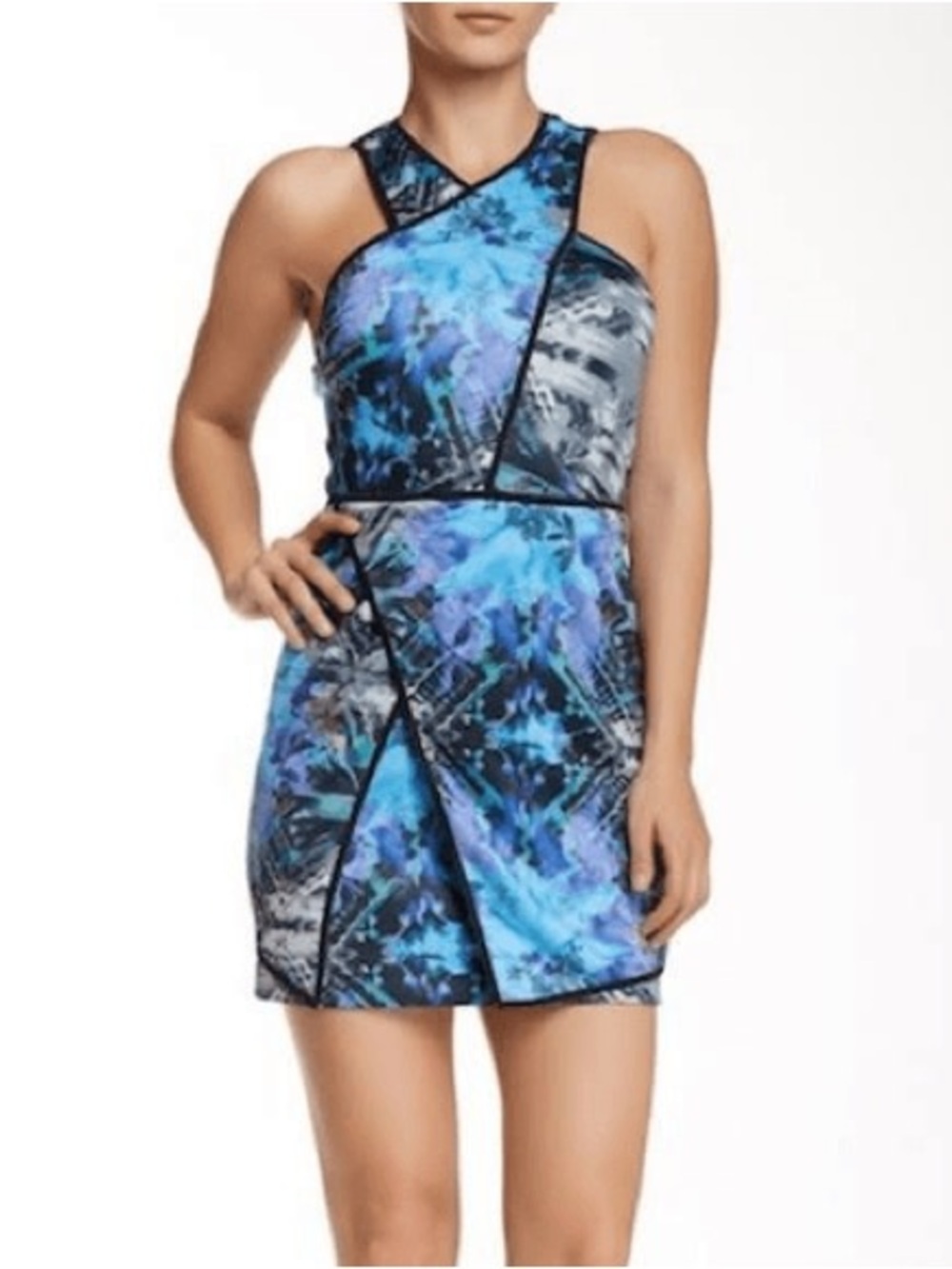 Parker Blue & Black Abstract Halter Mini Dress